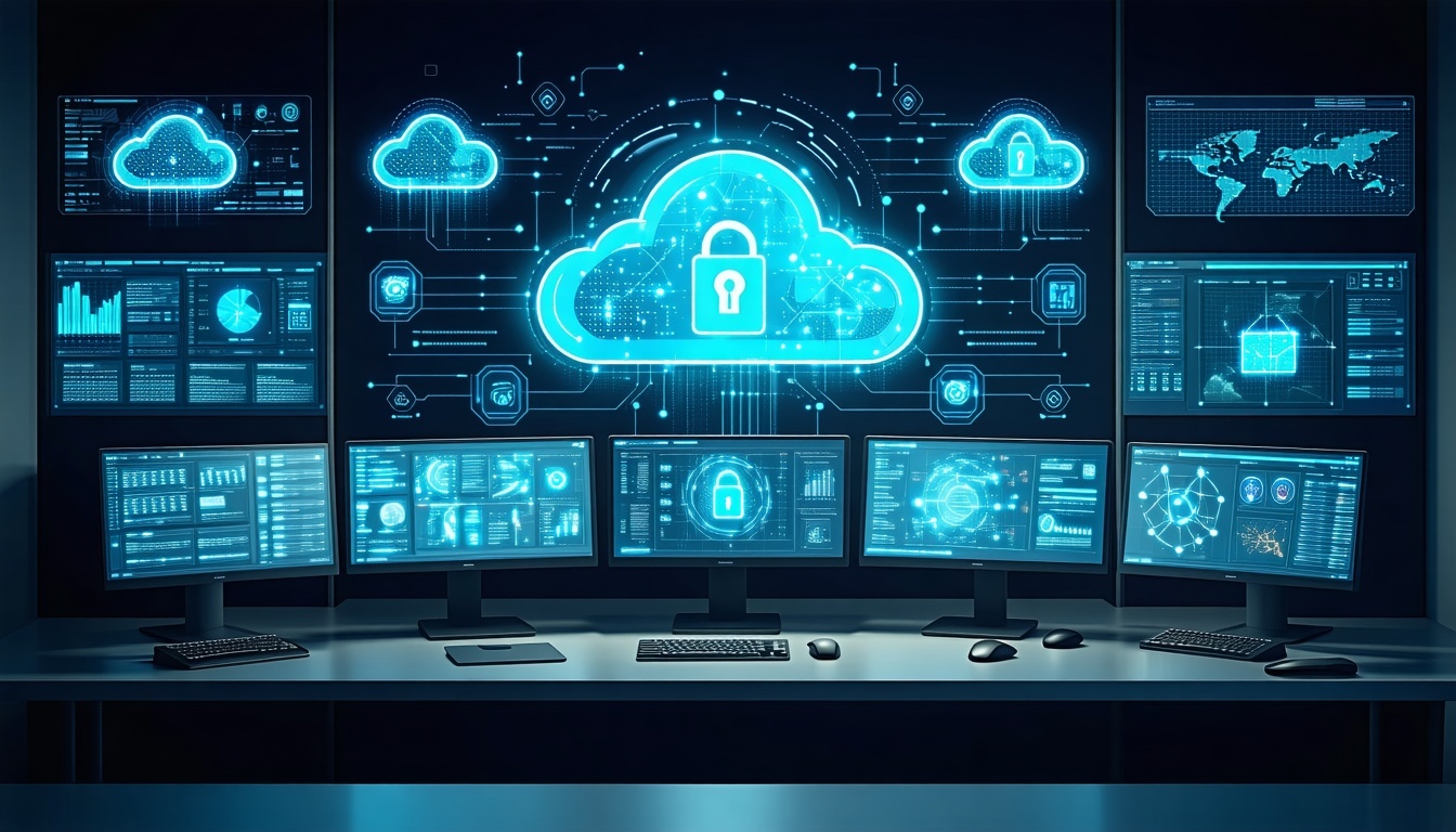Create a professional cybersecurity illustration featuring a modern security operations center with multiple monitors displaying cloud security dashboards Show interconnected cloud environments represented by stylized cloud icons with security data s-1