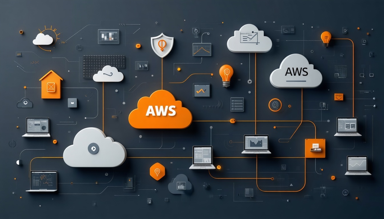 Create a professional thumbnail image for a blog post about Goodrichs AWS cloud transformation in the insurance industry Use AWS brand colors prominently  bright orange FF9900 for key elements and accents with a dark gray or charcoal background 232F3