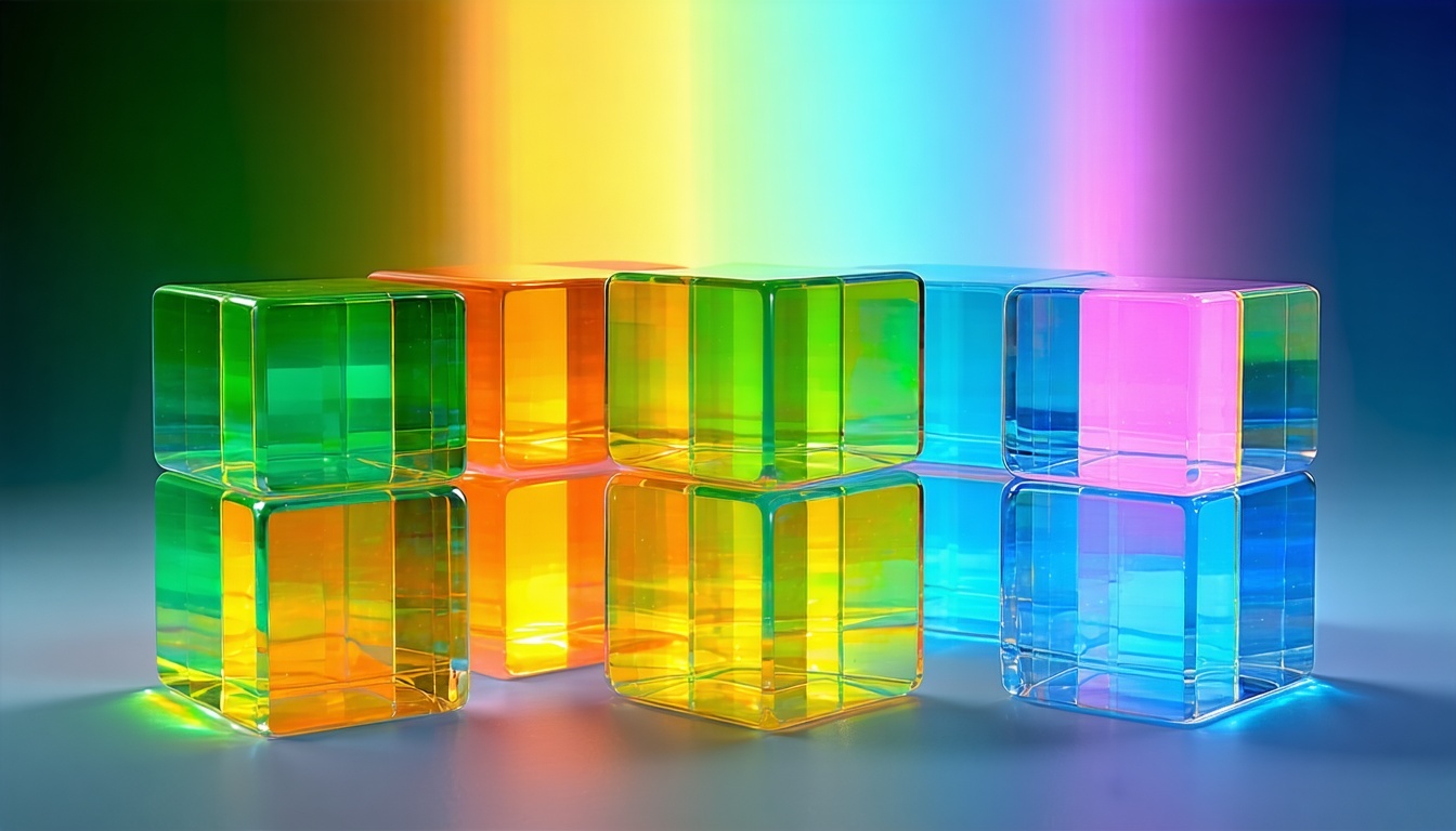 Create premium 3D translucent glass blocks in Copilot rainbow gradient colors floating elegantlyUse ultrarealistic glass shader with perfect transparency reflections and light refractionArrange colorful glass cubes green yellow orange pink blue in dy-1